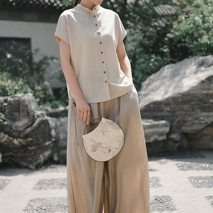 Buddha Stones Vintage Buttons Design Stand Collar Cotton Short Sleeve Women's Shirt - image 16