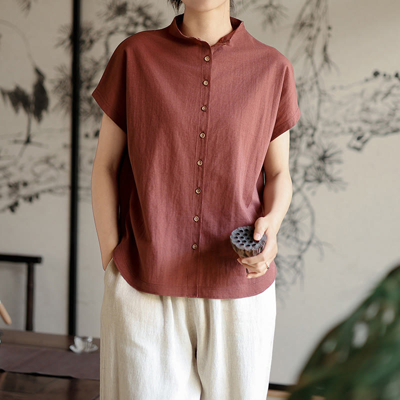 Buddha Stones Vintage Buttons Design Stand Collar Cotton Short Sleeve Women's Shirt - image 3