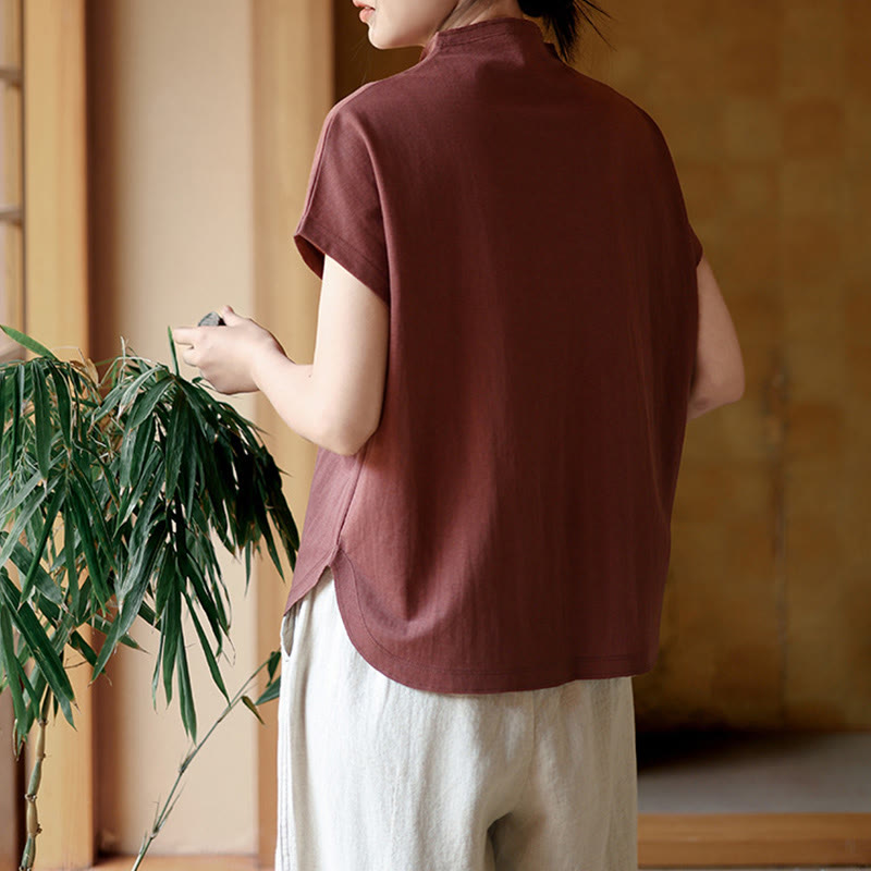 Buddha Stones Vintage Buttons Design Stand Collar Cotton Short Sleeve Women's Shirt - image 6