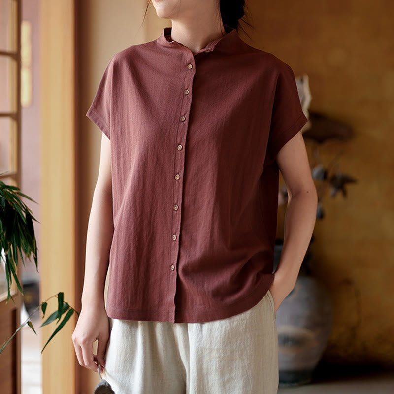 Buddha Stones Vintage Buttons Design Stand Collar Cotton Short Sleeve Women's Shirt - image 2