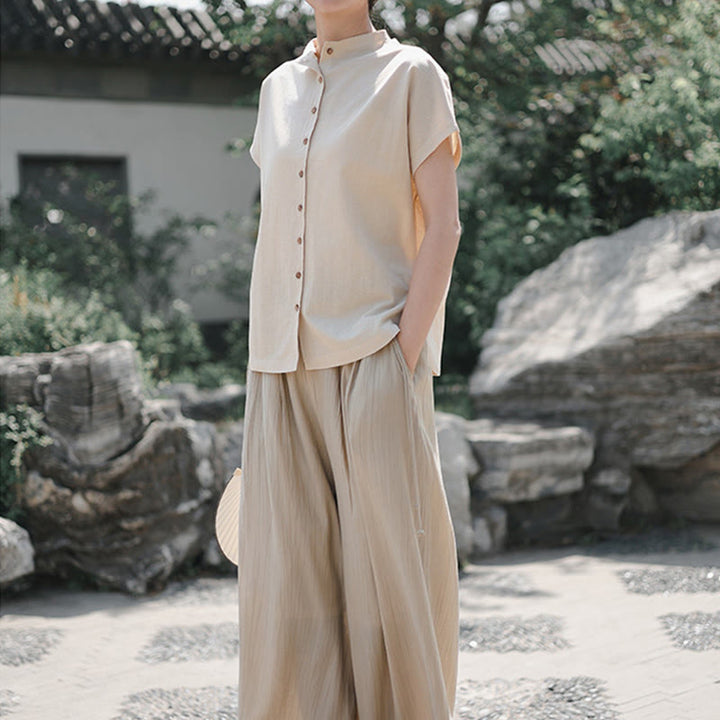 Buddha Stones Vintage Buttons Design Stand Collar Cotton Short Sleeve Women's Shirt - image 15