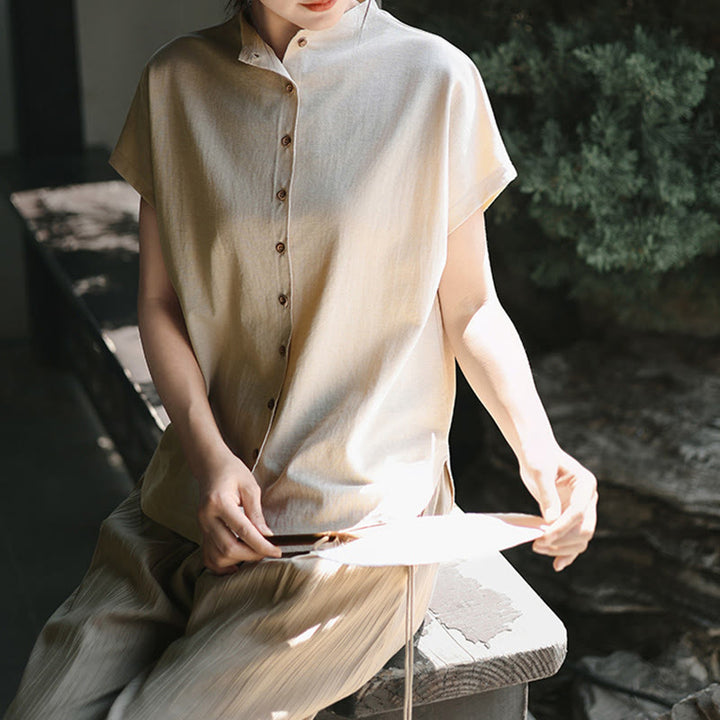 Buddha Stones Vintage Buttons Design Stand Collar Cotton Short Sleeve Women's Shirt - image 11