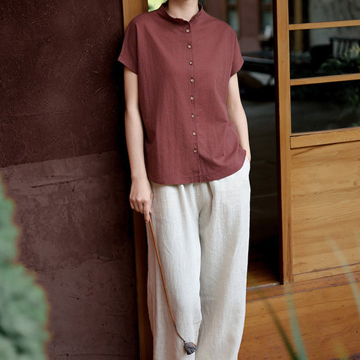 Buddha Stones Vintage Buttons Design Stand Collar Cotton Short Sleeve Women's Shirt - image 8