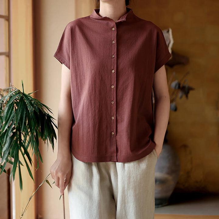 Buddha Stones Vintage Buttons Design Stand Collar Cotton Short Sleeve Women's Shirt - image 4