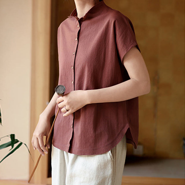Buddha Stones Vintage Buttons Design Stand Collar Cotton Short Sleeve Women's Shirt - image 5