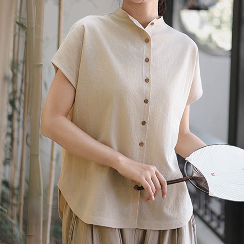 Buddha Stones Vintage Buttons Design Stand Collar Cotton Short Sleeve Women's Shirt - Linen - US8-10,UK/AU12-14,EU40-42 (2XL) - image 9