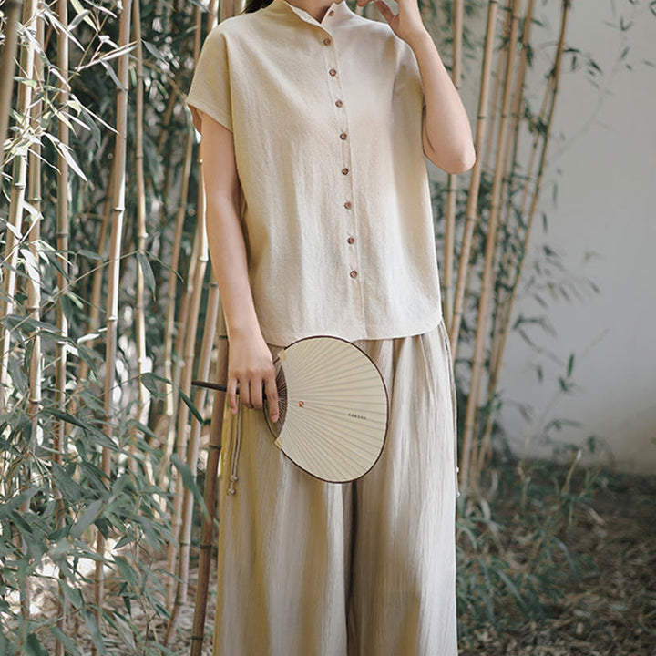 Buddha Stones Vintage Buttons Design Stand Collar Cotton Short Sleeve Women's Shirt - image 17