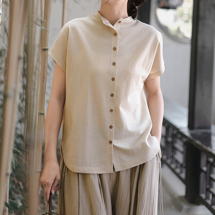 Buddha Stones Vintage Buttons Design Stand Collar Cotton Short Sleeve Women's Shirt - image 10