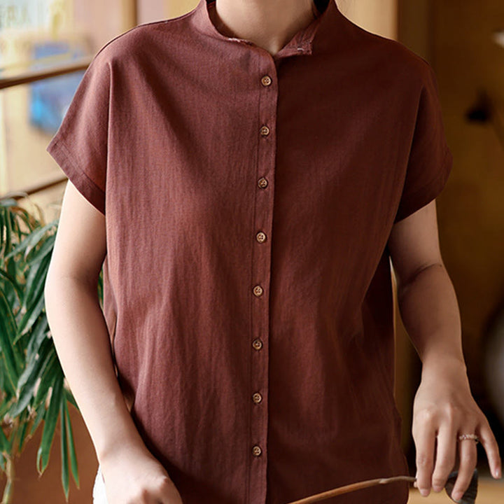 Buddha Stones Vintage Buttons Design Stand Collar Cotton Short Sleeve Women's Shirt - Brown - US8-10,UK/AU12-14,EU40-42 (2XL) - image 1