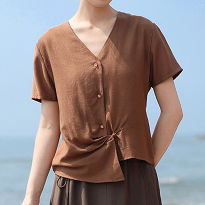 Buddha Stones Button Irregular Design V-Neck Cotton Linen Women's Short Sleeve Shirt - image 3