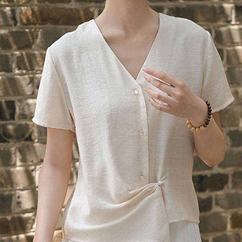 Buddha Stones Button Irregular Design V-Neck Cotton Linen Women's Short Sleeve Shirt - image 12