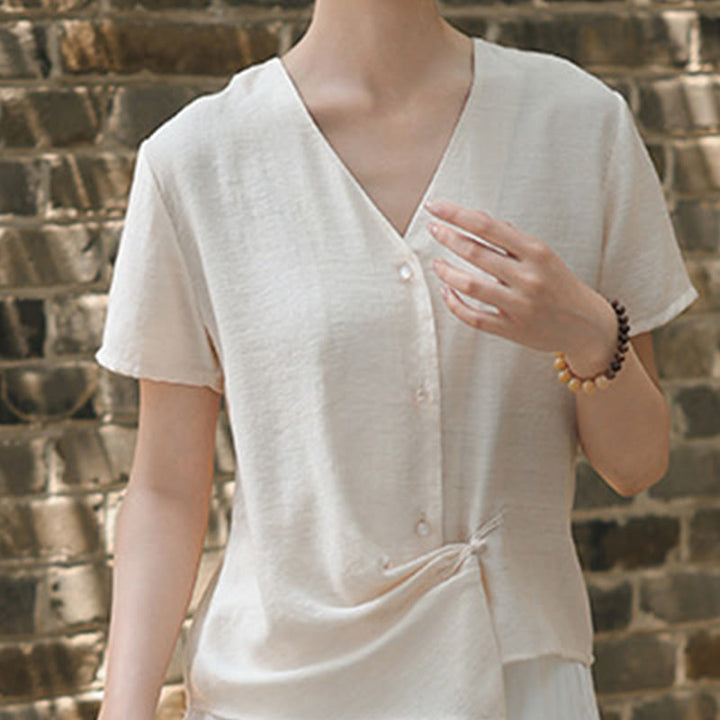 Buddha Stones Button Irregular Design V-Neck Cotton Linen Women's Short Sleeve Shirt - image 12