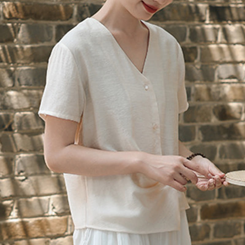 Buddha Stones Button Irregular Design V-Neck Cotton Linen Women's Short Sleeve Shirt - image 18