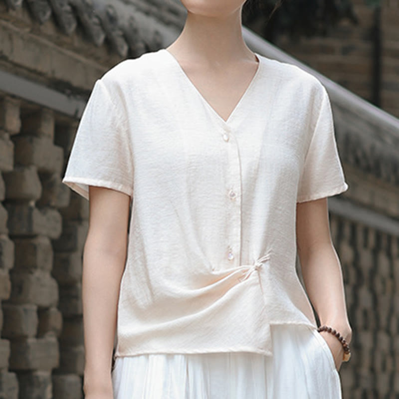 Buddha Stones Button Irregular Design V-Neck Cotton Linen Women's Short Sleeve Shirt - image 11