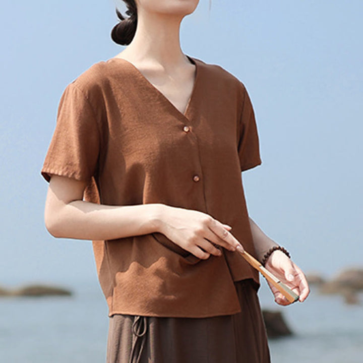 Buddha Stones Button Irregular Design V-Neck Cotton Linen Women's Short Sleeve Shirt - Chocolate - US8-10,UK/AU12-14,EU40-42 (2XL) - image 1