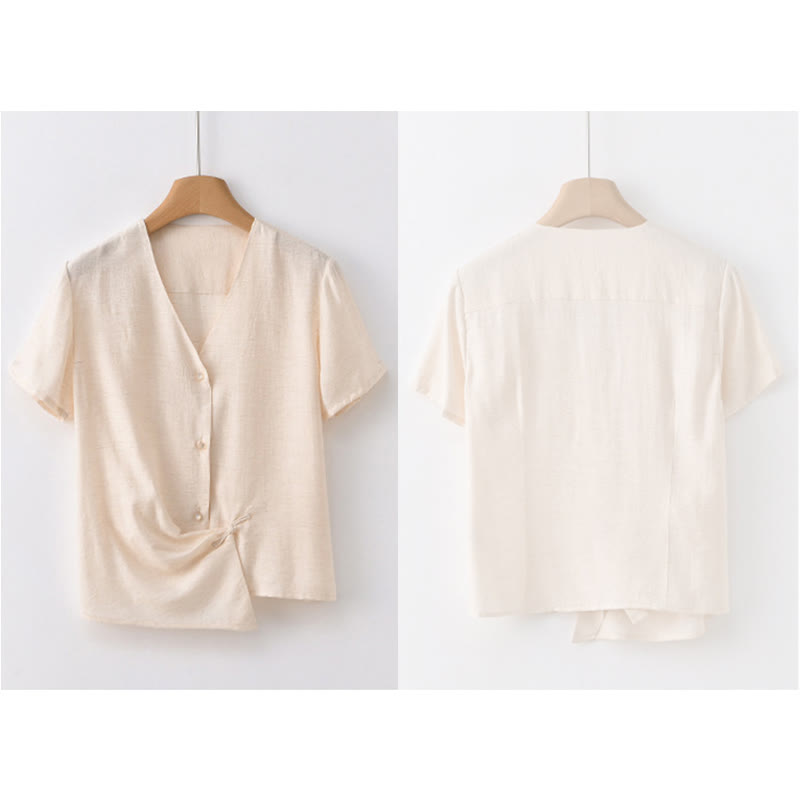 Buddha Stones Button Irregular Design V-Neck Cotton Linen Women's Short Sleeve Shirt - image 19