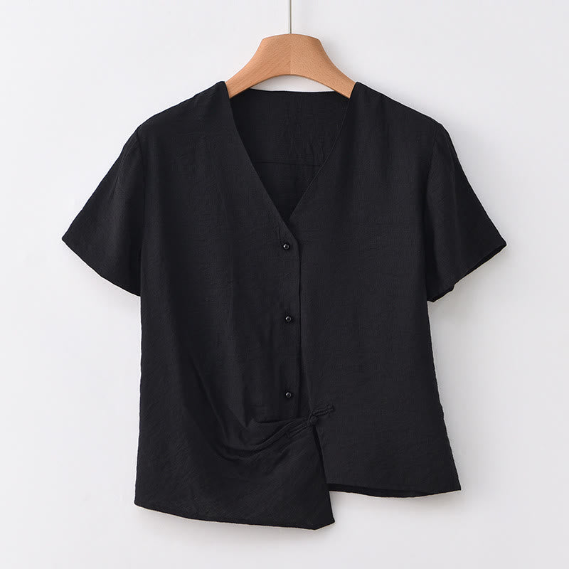 Buddha Stones Button Irregular Design V-Neck Cotton Linen Women's Short Sleeve Shirt - Black - US8-10,UK/AU12-14,EU40-42 (2XL) - image 20