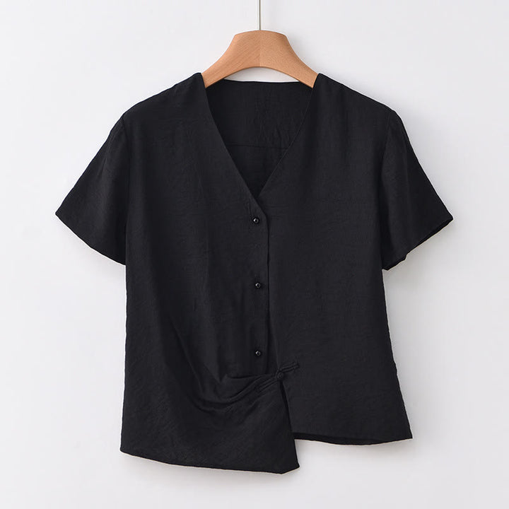 Buddha Stones Button Irregular Design V-Neck Cotton Linen Women's Short Sleeve Shirt - Black - US8-10,UK/AU12-14,EU40-42 (2XL) - image 20