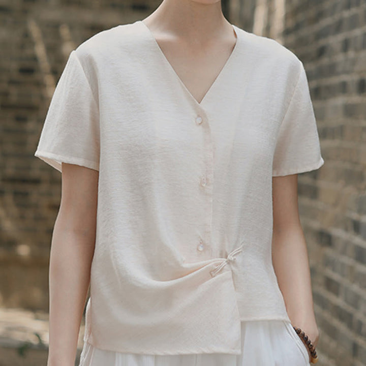 Buddha Stones Button Irregular Design V-Neck Cotton Linen Women's Short Sleeve Shirt - image 13