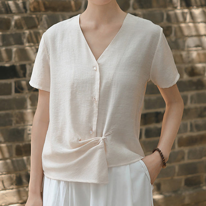 Buddha Stones Button Irregular Design V-Neck Cotton Linen Women's Short Sleeve Shirt - image 16