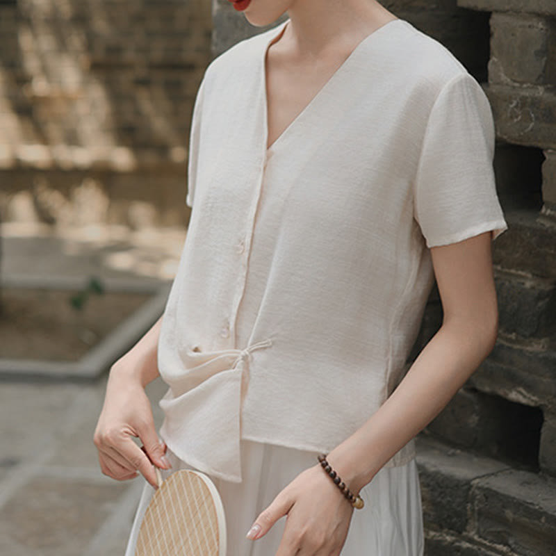 Buddha Stones Button Irregular Design V-Neck Cotton Linen Women's Short Sleeve Shirt - FloralWhite - US8-10,UK/AU12-14,EU40-42 (2XL) - image 10