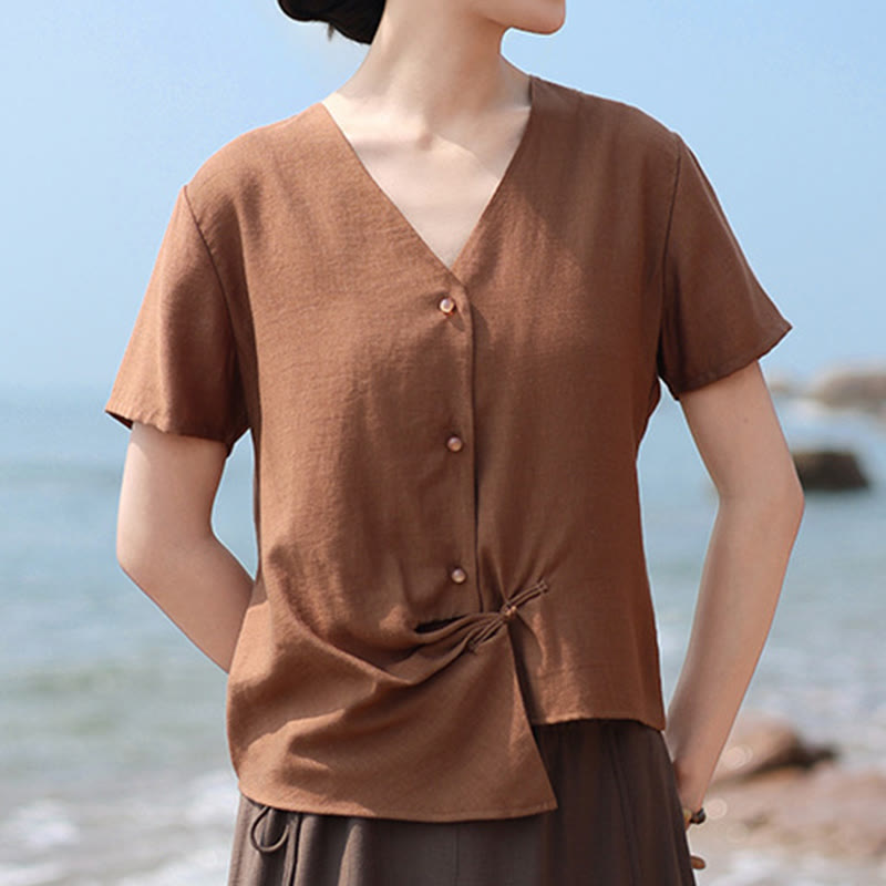 Buddha Stones Button Irregular Design V-Neck Cotton Linen Women's Short Sleeve Shirt - image 2