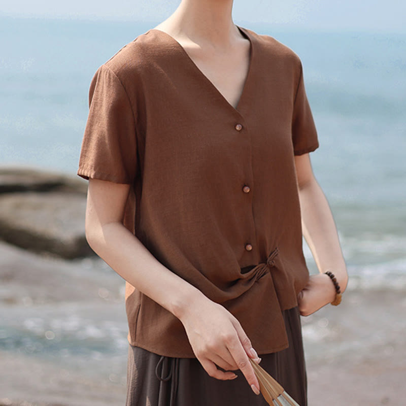 Buddha Stones Button Irregular Design V-Neck Cotton Linen Women's Short Sleeve Shirt - image 6