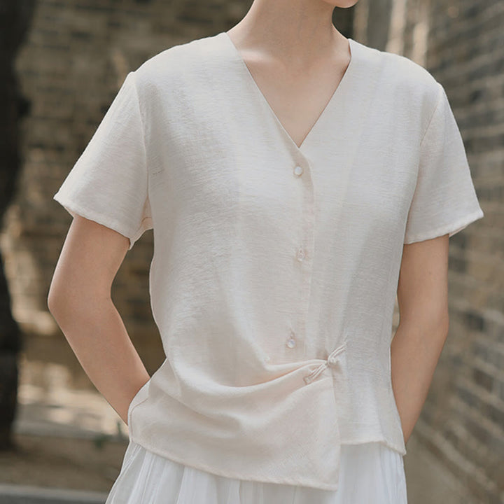 Buddha Stones Button Irregular Design V-Neck Cotton Linen Women's Short Sleeve Shirt - image 14