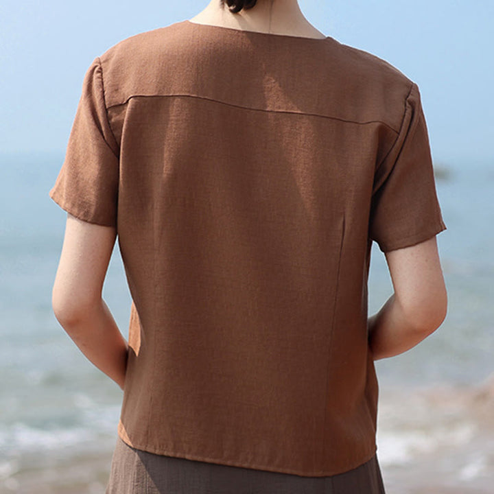 Buddha Stones Button Irregular Design V-Neck Cotton Linen Women's Short Sleeve Shirt - image 4