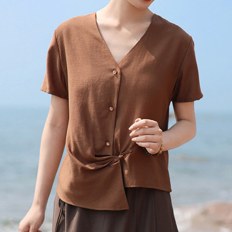Buddha Stones Button Irregular Design V-Neck Cotton Linen Women's Short Sleeve Shirt - image 9