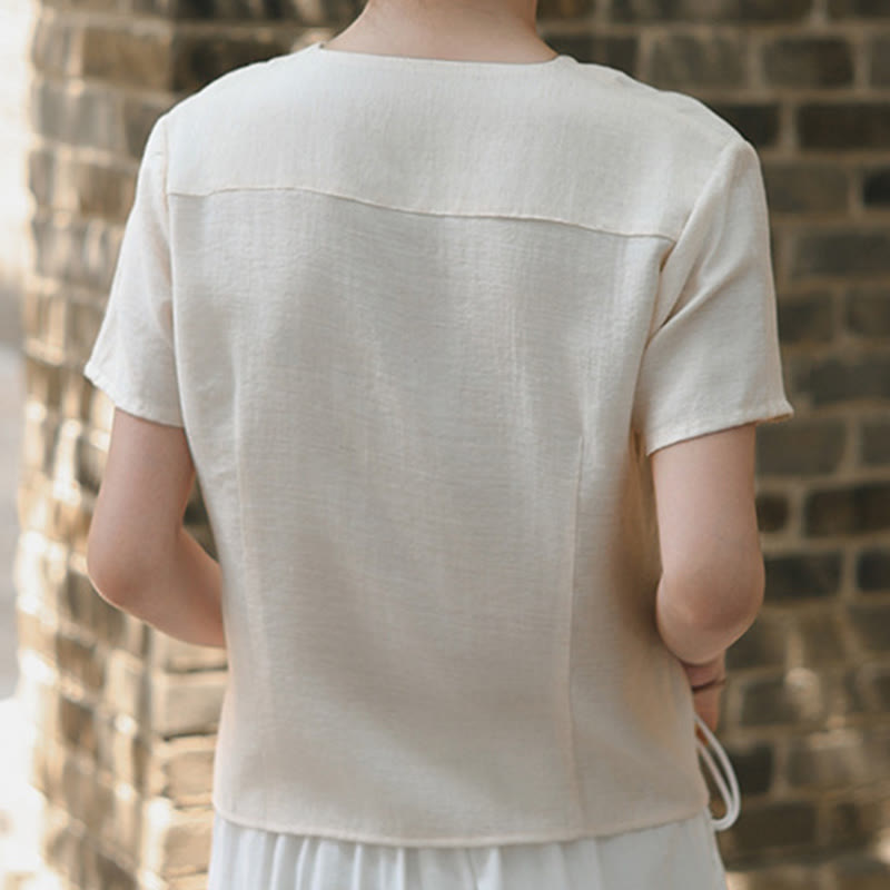 Buddha Stones Button Irregular Design V-Neck Cotton Linen Women's Short Sleeve Shirt - image 15