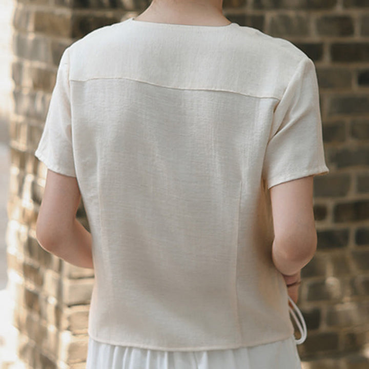 Buddha Stones Button Irregular Design V-Neck Cotton Linen Women's Short Sleeve Shirt - image 15