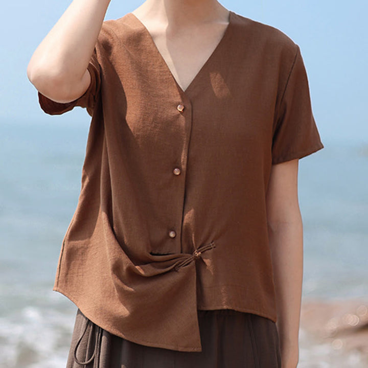 Buddha Stones Button Irregular Design V-Neck Cotton Linen Women's Short Sleeve Shirt - image 7