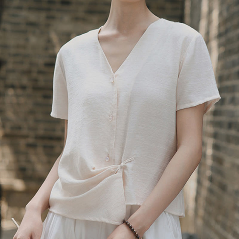 Buddha Stones Button Irregular Design V-Neck Cotton Linen Women's Short Sleeve Shirt - image 17