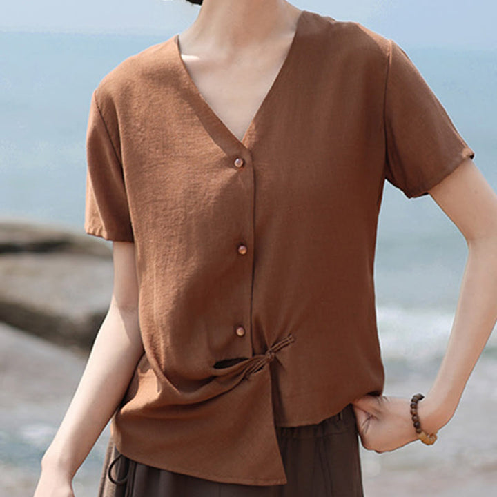 Buddha Stones Button Irregular Design V-Neck Cotton Linen Women's Short Sleeve Shirt - image 8