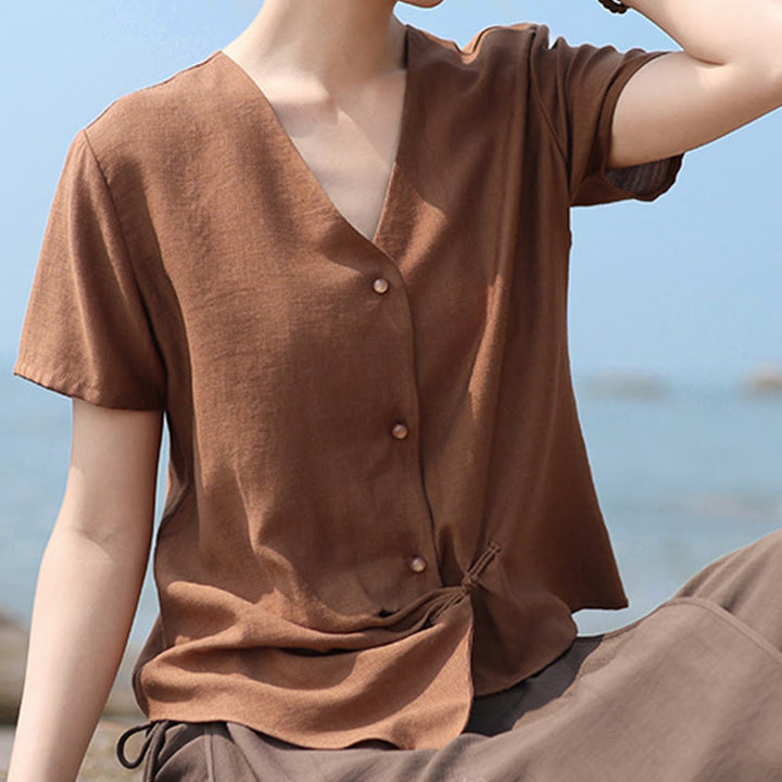 Buddha Stones Button Irregular Design V-Neck Cotton Linen Women's Short Sleeve Shirt - image 5