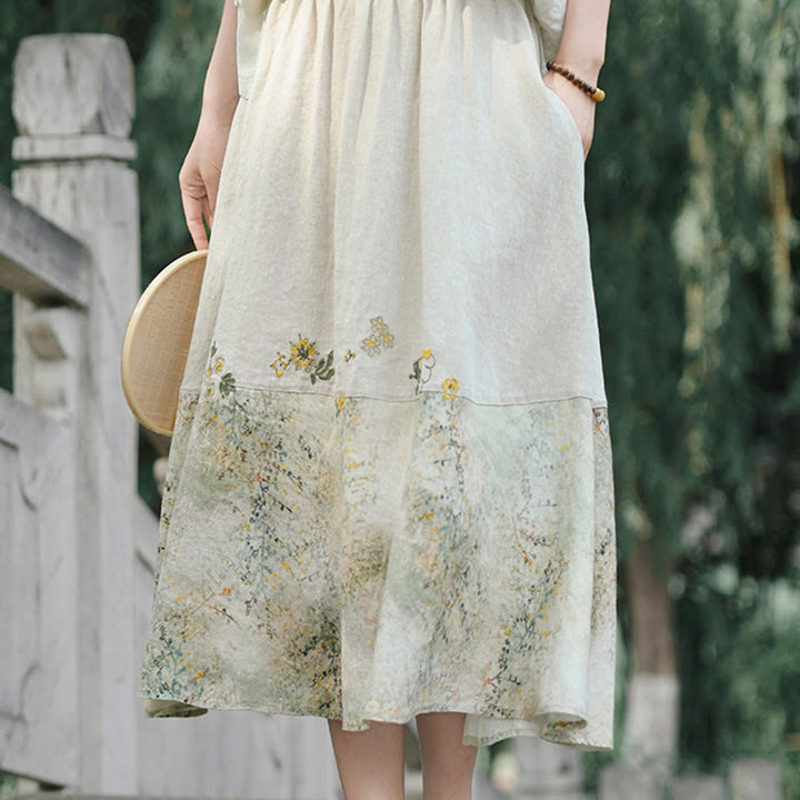 Buddha Stones Vintage Printing Women's Linen 7-8 Length Skirt With Pockets - image 7