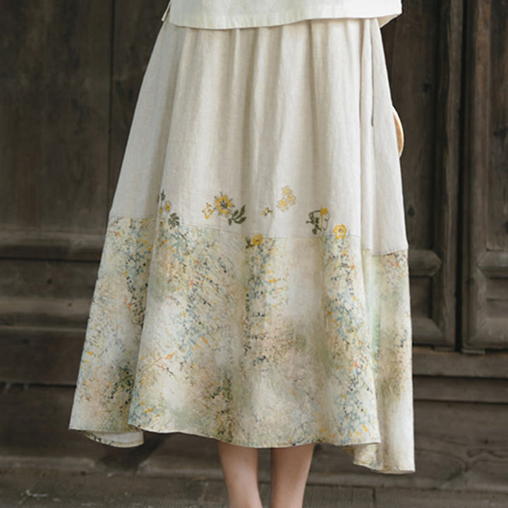 Buddha Stones Vintage Printing Women's Linen 7-8 Length Skirt With Pockets - image 9