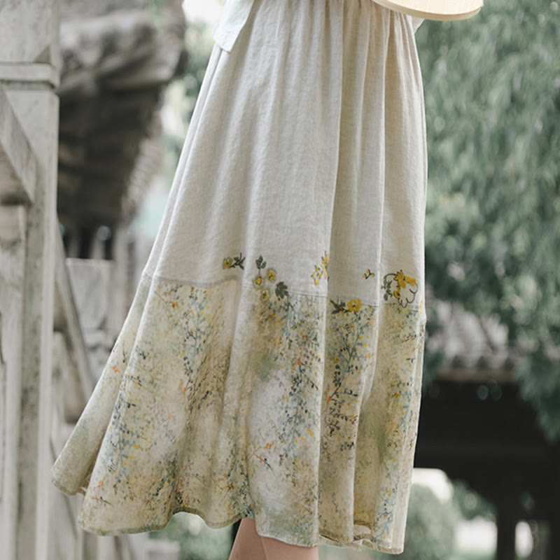 Buddha Stones Vintage Printing Women's Linen 7-8 Length Skirt With Pockets - image 2