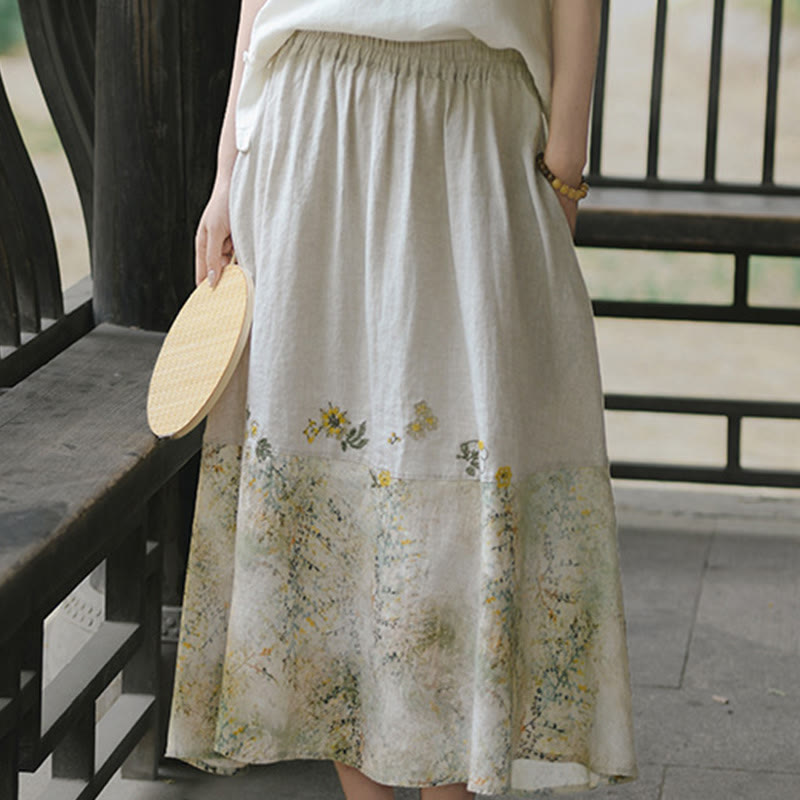 Buddha Stones Vintage Printing Women's Linen 7-8 Length Skirt With Pockets - image 5