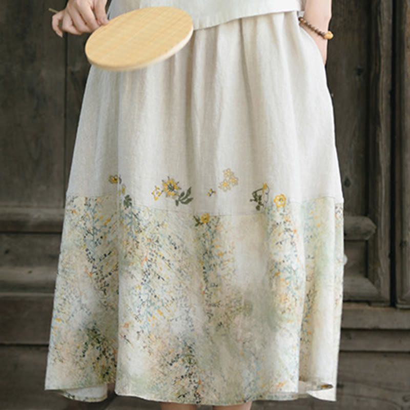 Buddha Stones Vintage Printing Women's Linen 7-8 Length Skirt With Pockets - image 10