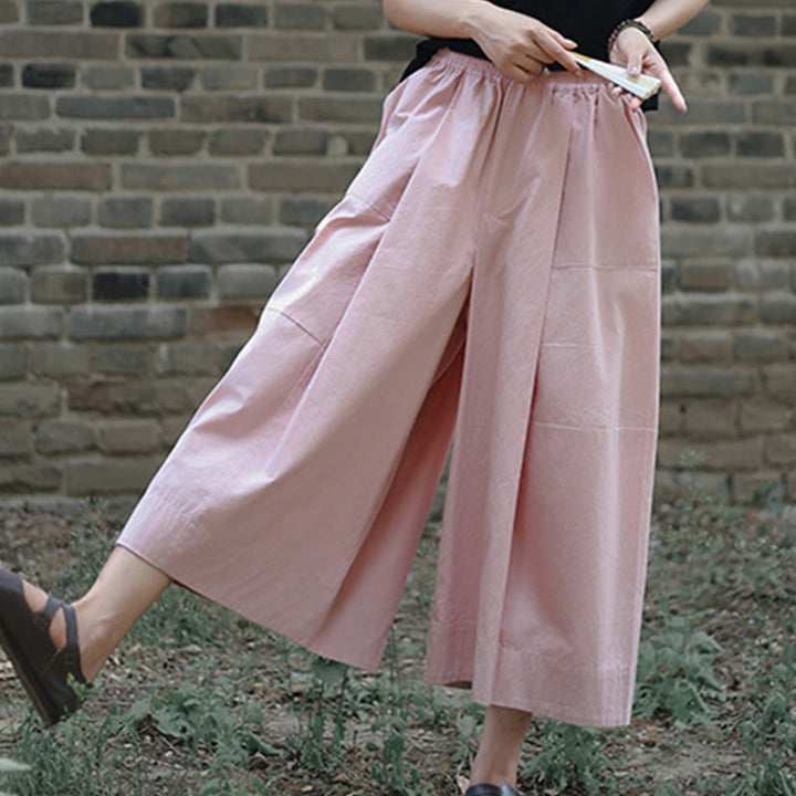 Buddha Stones Casual Plain Cotton High Waist Women's Wide Leg Capri Cropped Pants With Pockets - Pink - US8-10,UK/AU12-14,EU40-42 (2XL) - image 8