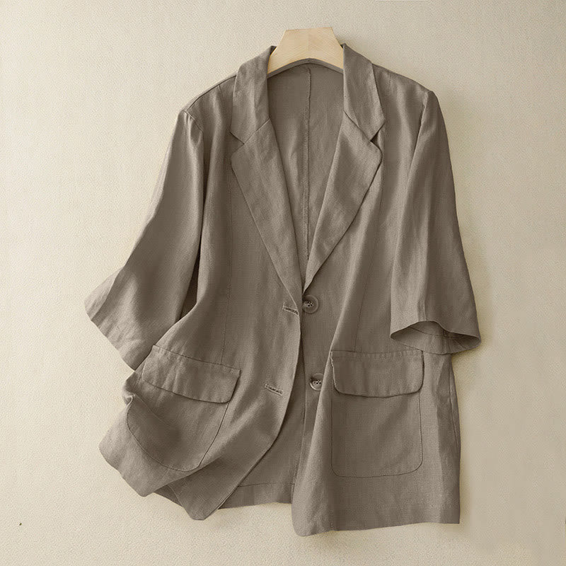 Buddha Stones Women's Three Quarter Sleeve Button Cotton Small Suit Jacket With Pockets - Tan - US8-10,UK/AU12-14,EU40-42 (2XL) - image 0