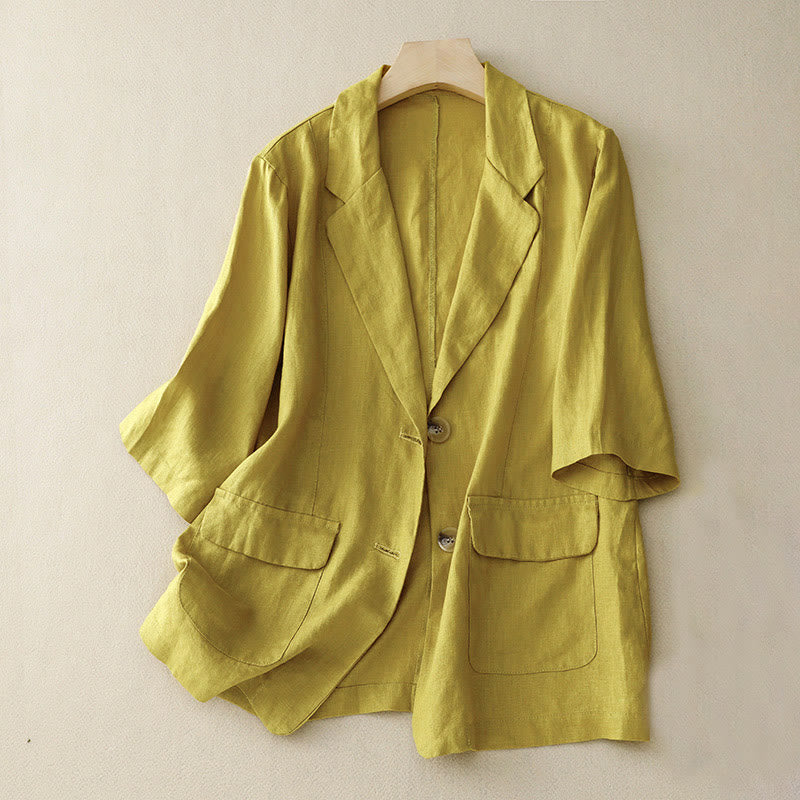 Buddha Stones Women's Three Quarter Sleeve Button Cotton Small Suit Jacket With Pockets - Khaki - US8-10,UK/AU12-14,EU40-42 (2XL) - image 4
