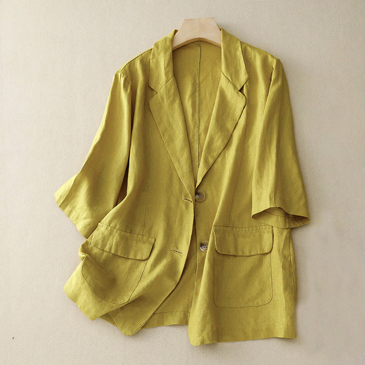 Buddha Stones Women's Three Quarter Sleeve Button Cotton Small Suit Jacket With Pockets - Khaki - US8-10,UK/AU12-14,EU40-42 (2XL) - image 4