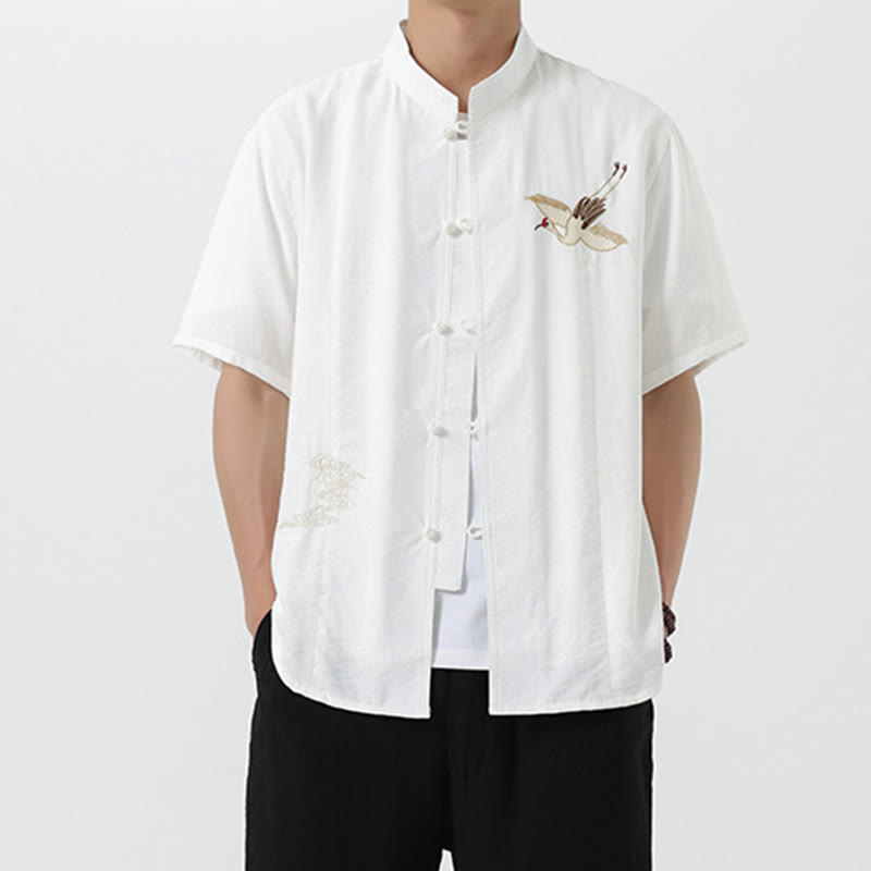 Buddha Stones Vintage Embroidery Buttons Half Sleeve Design Stand Collar Men's Cotton Shirt - image 11