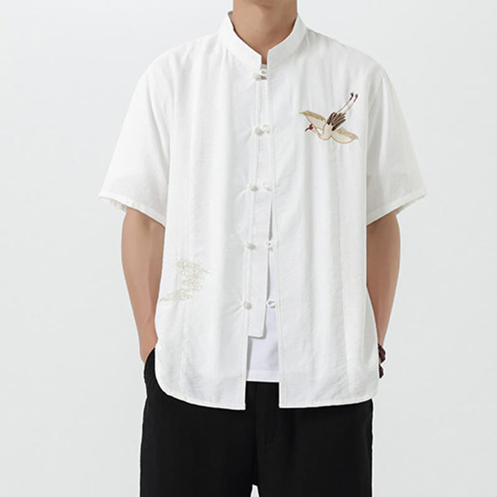 Buddha Stones Vintage Embroidery Buttons Half Sleeve Design Stand Collar Men's Cotton Shirt - image 11