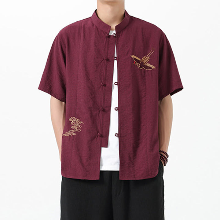 Buddha Stones Vintage Embroidery Buttons Half Sleeve Design Stand Collar Men's Cotton Shirt - Brown - US/UK/AU42,EU52 (3XL) - image 1