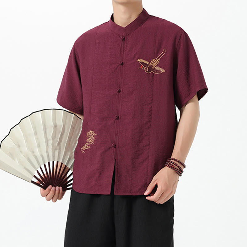 Buddha Stones Vintage Embroidery Buttons Half Sleeve Design Stand Collar Men's Cotton Shirt - image 7