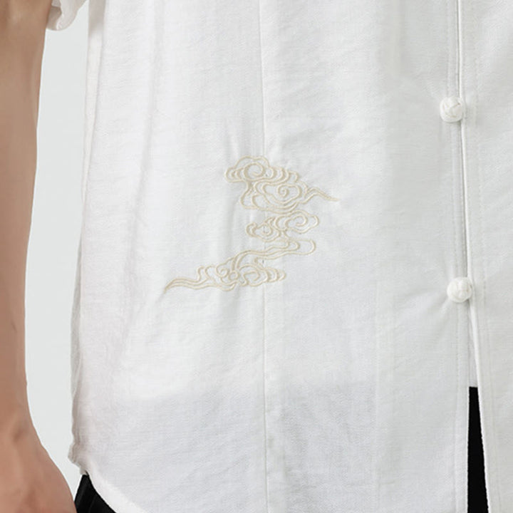 Buddha Stones Vintage Embroidery Buttons Half Sleeve Design Stand Collar Men's Cotton Shirt - image 19